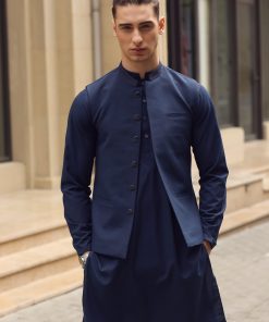3 Pcs Mens Premium Quality Karandi Kameez/Pants Waistcoat Imist2405-Navy Blue 7 3J1A8082 Imanistudio.com