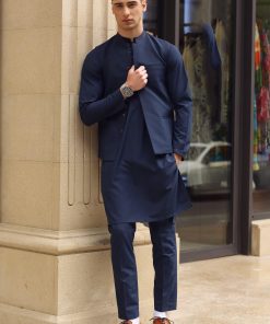 3 Pcs Mens Premium Quality Karandi Kameez/Pants Waistcoat IMIST2405-Navy Blue
