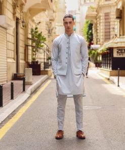 3 Pcs Mens Premium Quality Karandi Kameez/Pants Waistcoat IMIST2405-Sky Blue