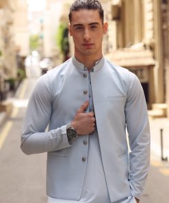 3 Pcs Mens Premium Quality Karandi Kameez/Pants Waistcoat Imist2405-Sky Blue 12 3J1A8174 Imanistudio.com