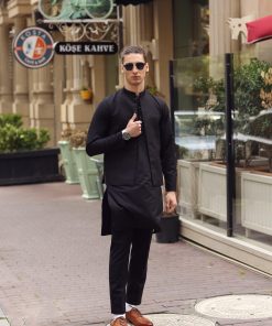 3 Pcs Mens Premium Quality Karandi Kameez/Pants Waistcoat IMIST2405-Black
