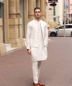 3 Pcs Mens Premium Quality Karandi Kameez/ Pants Waistcoat IMIST2405-WHITE