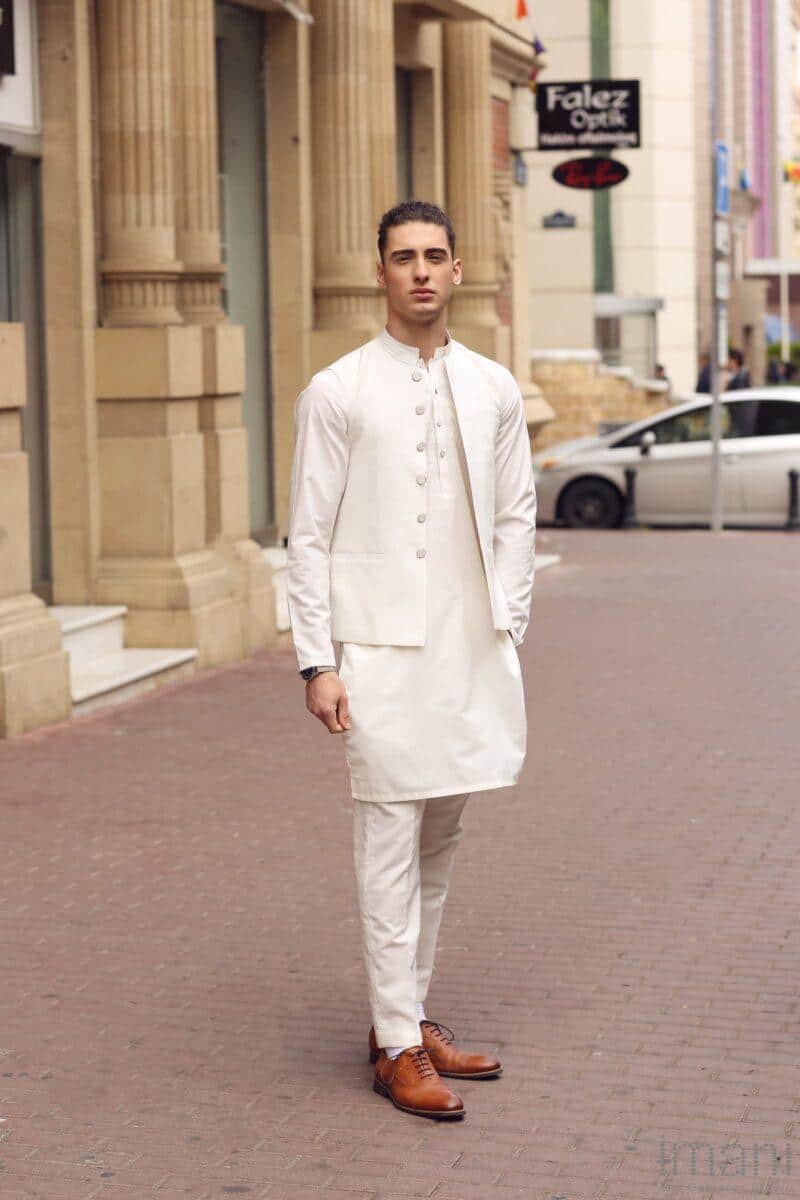 3 Pcs Mens Premium Quality Karandi Kameez/ Pants Waistcoat Imist2405-White