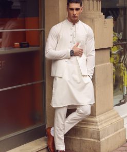 3 Pcs Mens Premium Quality Karandi Kameez/ Pants Waistcoat Imist2405-White 5 3J1A8334 Imanistudio.com