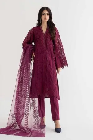 MariaB Plum Embroidered Dobby Lawn Suit MBDS-EF24D09PL