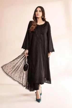 MariaB Black Embroidered Self Jacquard Lawn Suit MBDW-EA2412JB