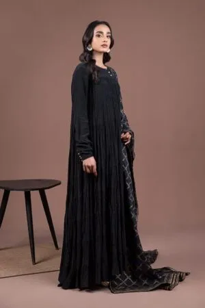 Maria.B 1 Pcs PK Raw Silk Black Long Dress MB-F24511JB