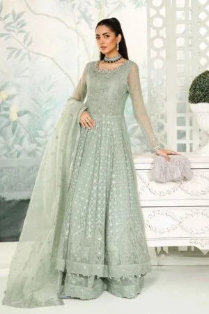 Luxury Formal Sea Green Embroidered Bomber Chiffon Outfit MBSF-EA2436SG