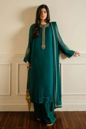 Zara Shahjahan 3Pcs Emerald Green Georgette Chiffon Suit ZSZC-2000EG