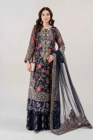 Luxury Formal Navy Blue Embroidered Organza Suit MBDS-EA2808NB