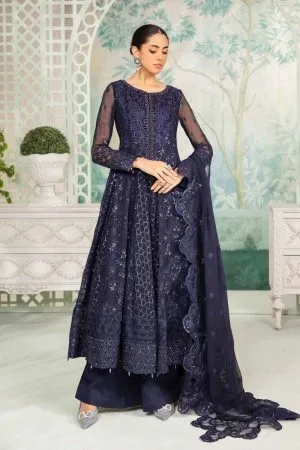 Luxury Formal Navy Blue Embroidered Chiffon Outfit MBSF-EA2412NB