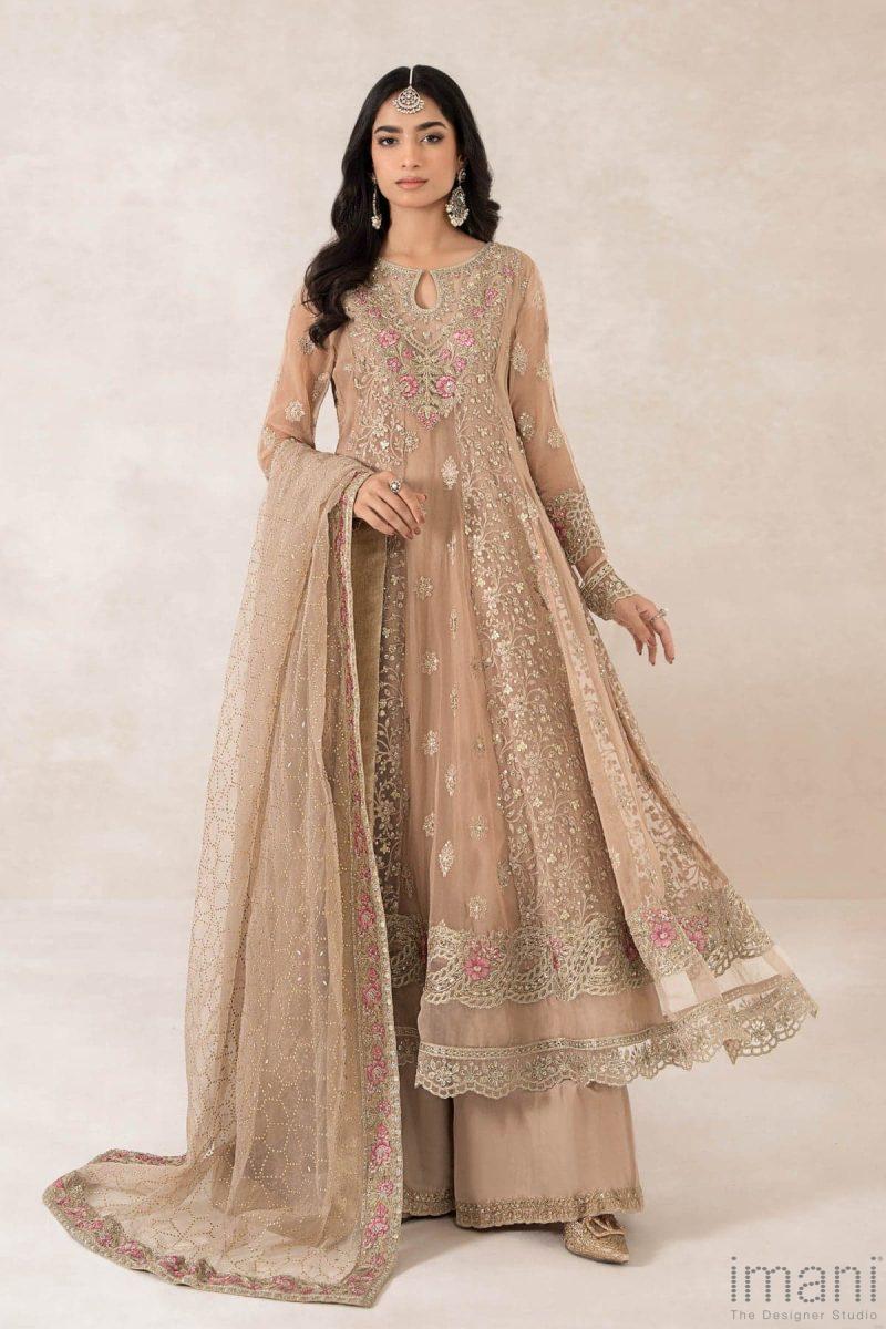 Luxury Formal Beige Embroidered Bomber Chiffon Outfit Mbpf-Pf2401Bg