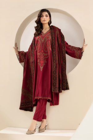 Luxury Pret Deep Red Dobby Linen Embroidered Suit Mbdw-Aw24100Dr