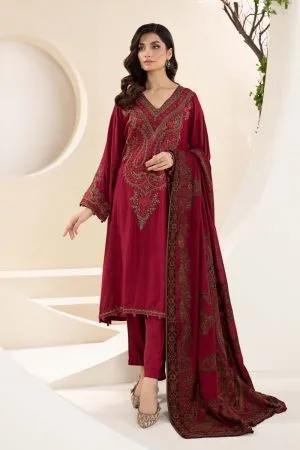 Luxury Pret Deep Red Dobby Linen Embroidered Suit Mbdw-Aw24100Dr