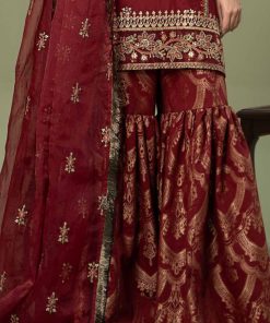 Luxury Formal Maroon Linen Embroidered Suit Mbsf-Aw2425Mn 11 Dww2425Redd Imanistudio.com