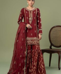 Luxury Pret Maroon Linen Embroidered Suit MBSF-AW2425MN
