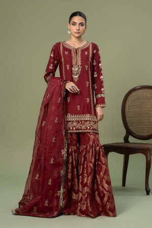 Luxury Pret Maroon Linen Embroidered Suit MBSF-AW2425MN