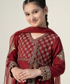 Mariab Deep Red Embroidered Dobby Linen Suit Mbkd-Aw2402Dr 10 Mkdw2402Maroonb Imanistudio.com