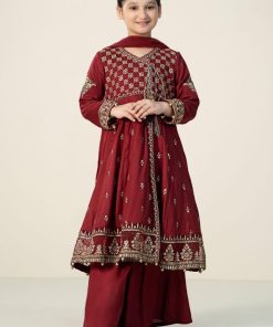MariaB Deep Red Embroidered Dobby Linen Suit MBKD-AW2402DR