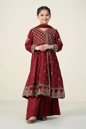 Mariab Deep Red Embroidered Dobby Linen Suit Mbkd-Aw2402Dr