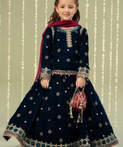 MariaB Teal Blue Embroidered Velvet Skirt Suit MBKS-AW237TB