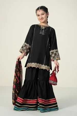 MariaB Kids Black Embroidered Raw Silk Suit MBKS-W2431BR