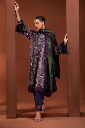 Luxury Formal Nightshade Blue Printed Pure Charmeuse Silk Suit MBSF-PF2405NB