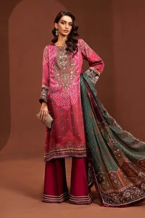 Luxury Formal Pink/Maroon Printed Pure Charmeuse Silk Suit MBSF-PF2407PM