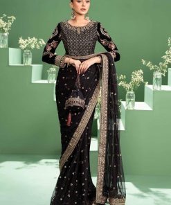 Luxury Formal Black Embroidered Velvet &Amp; Net Saree Mbsf-Aw2411Bk