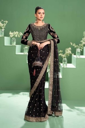 Luxury Formal Black Embroidered Velvet &Amp; Net Saree Mbsf-Aw2411Bk