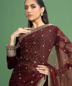 Luxury Formal Maroon Embroidered Velvet &Amp; Net Saree Mbsf-Aw2411Mn 12 Sfw240111Maroonc Imanistudio.com