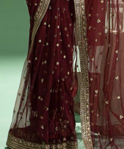 Luxury Formal Maroon Embroidered Velvet &Amp; Net Saree Mbsf-Aw2411Mn 13 Sfw240111Maroond Imanistudio.com