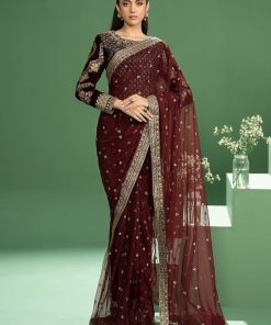 Luxury Formal Maroon Embroidered Velvet &Amp; Net Saree Mbsf-Aw2411Mn 9 Sfw240111Maroone Imanistudio.com