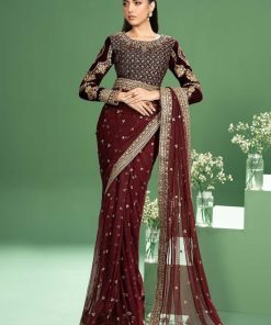 Luxury Formal Maroon Embroidered Velvet &Amp; Net Saree Mbsf-Aw2411Mn