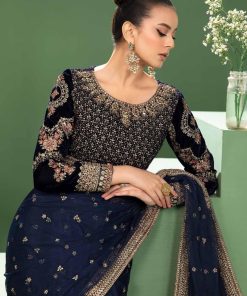 Luxury Formal Navy Blue Embroidered Velvet &Amp; Net Saree Mbsf-Aw2411Nb 10 Sfw2411Blueb Imanistudio.com