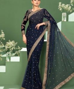 Luxury Formal Navy Blue Embroidered Velvet &Amp; Net Saree Mbsf-Aw2411Nb 8 Sfw2411Blued Imanistudio.com
