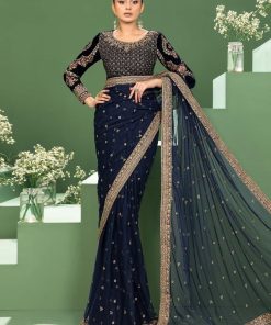 Luxury Formal Navy Blue Embroidered Velvet & Net Saree MBSF-AW2411NB
