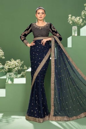 Luxury Formal Navy Blue Embroidered Velvet & Net Saree MBSF-AW2411NB