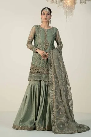 Luxury Formal Hedge Green Embroidered Zari Net Suit MBSF-W2424HG