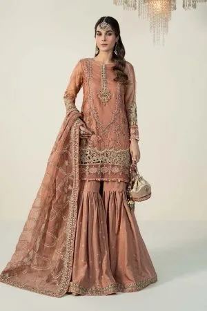 Luxury Formal Rose Pink Embroidered Zari Net Suit MBSF-W2424RP