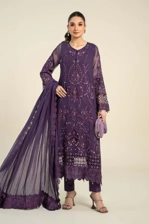 Luxury Formal Deep Purple Embroidered Chiffon Suit Mbcs-Aw24102Dp