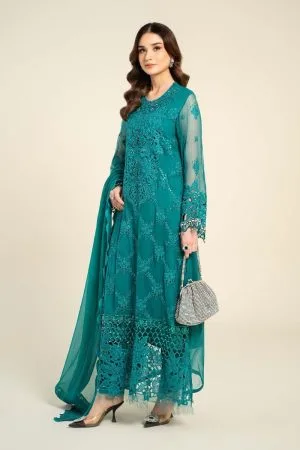 Luxury Formal Teal Embroidered Chiffon Suit Mbcs-Aw241053Tl