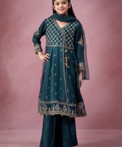 MariaB Teal Embroidered Dobby Linen Suit MBKD-AW2402TB