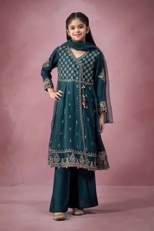 MariaB Teal Embroidered Dobby Linen Suit MBKD-AW2402TB