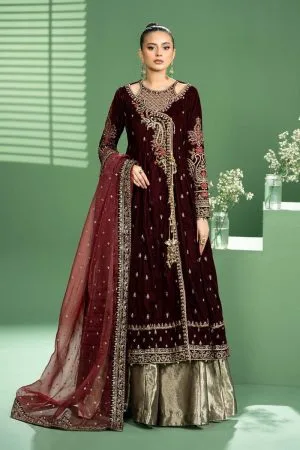 Luxury Formal Maroon Velvet Embroidered Outfit MBSF-AW2402MN