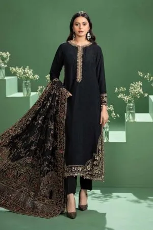 Luxury Formal Black Embroidered Raw Silk Outfit MBSF-AW2420BR