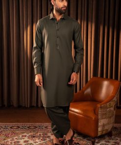 2PCS 100% Premium Cotton Folded Collar Shalwar Kameez IMIST-DOL-01-Olive