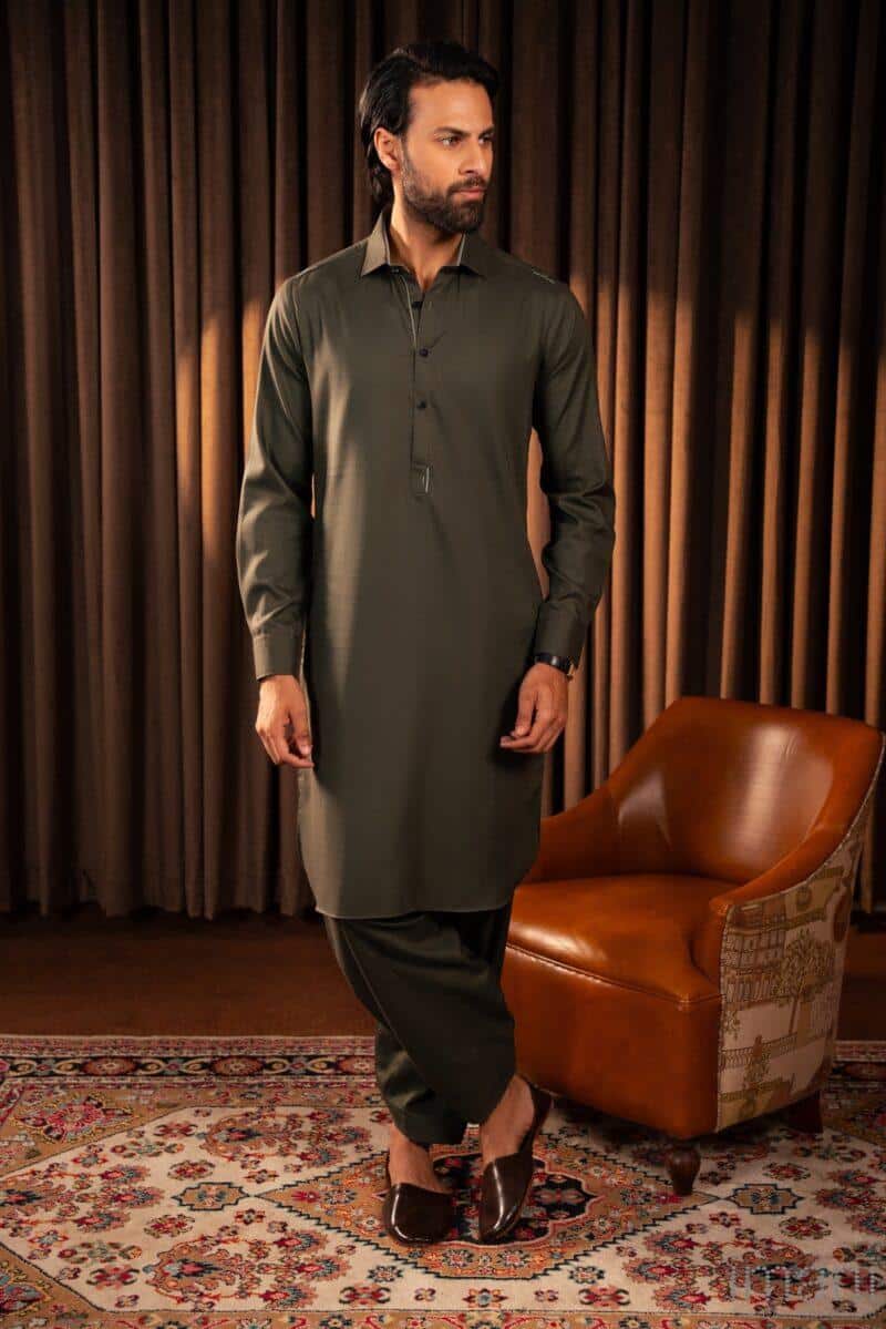 2Pcs 100% Premium Cotton Folded Collar Shalwar Kameez Imist-Dol-01-Olive