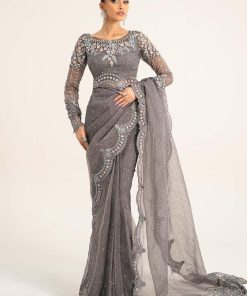 Luxury Formal Grey Embroidered Organza Saree Mbds-W2902Gy