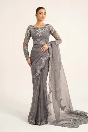 Luxury Formal Grey Embroidered Organza Saree MBDS-W2902GY